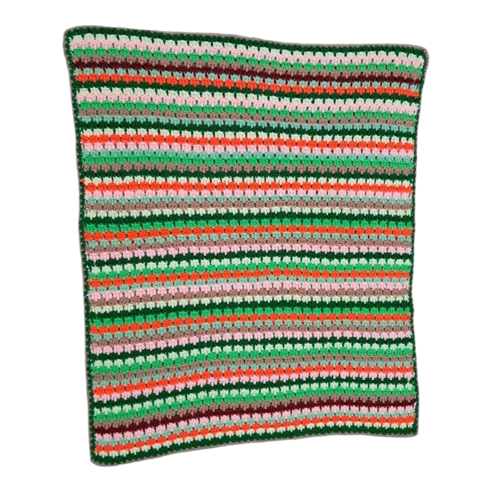 ​Vtg 1985 Hand Crochet Afghan Blanket Signed Dated Retro Colorful Granny Stripe